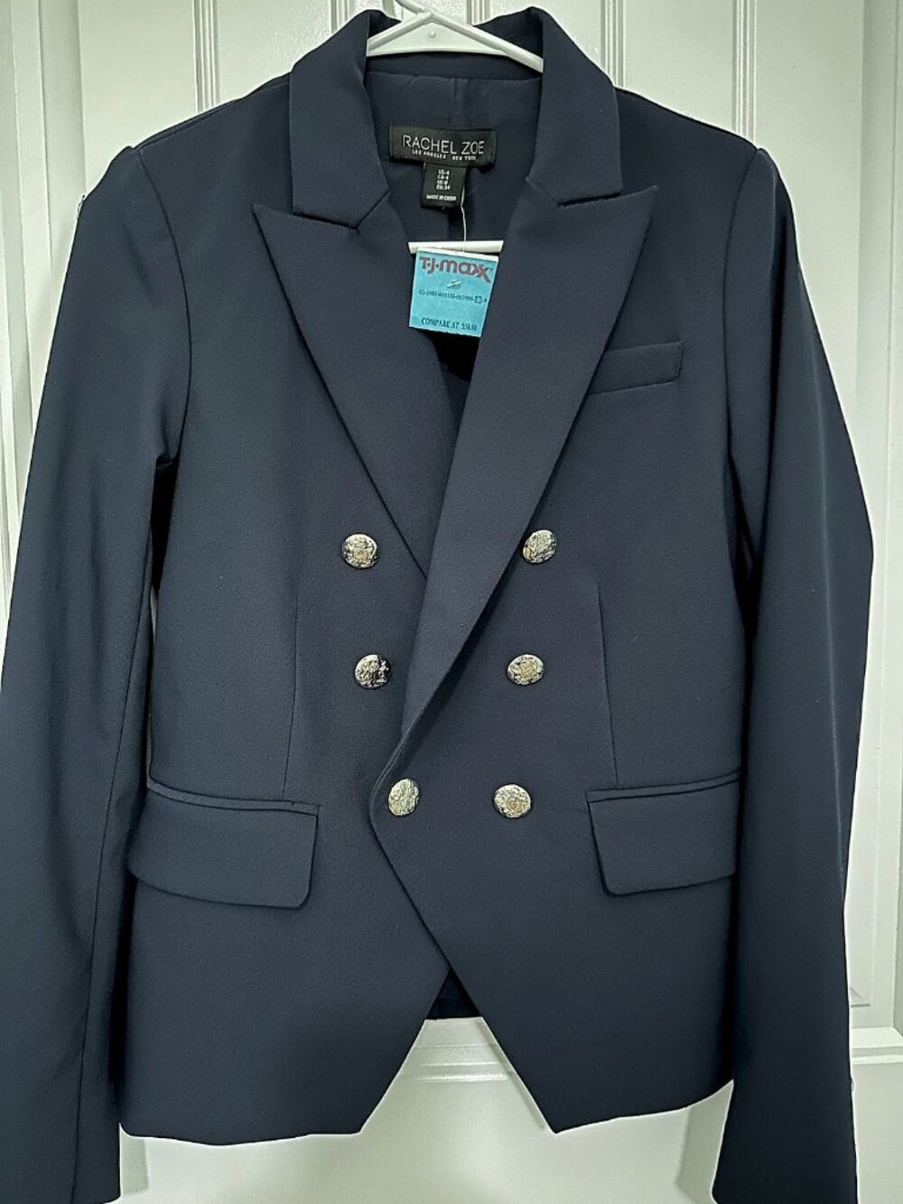 Rachel Zoe Women Navy Double-Breasted Blazer Silver Crest Buttons New with Tags